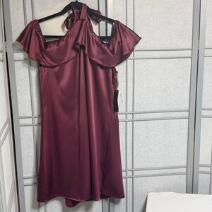 Signature Studio Burgundy/Plum Satin Off The Shoulder Dress- Size L NWT